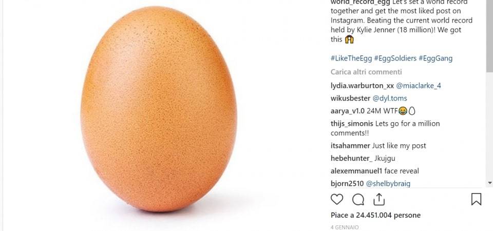Instagram, record di like per la foto di...un uovo