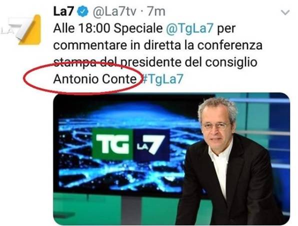 La gaffe di La7, che chiama "Antonio" il premier Giuseppe Conte