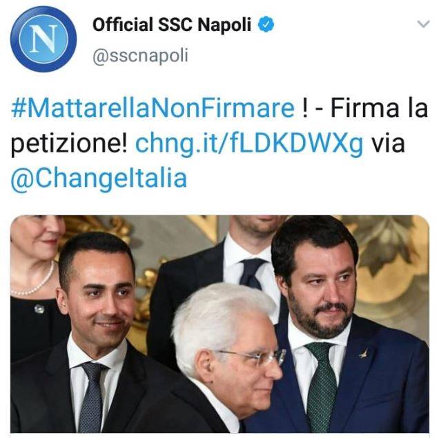 Tweet del Napoli: "Mattarella, non firmare il decreto sicurezza". Poi il club si scusa