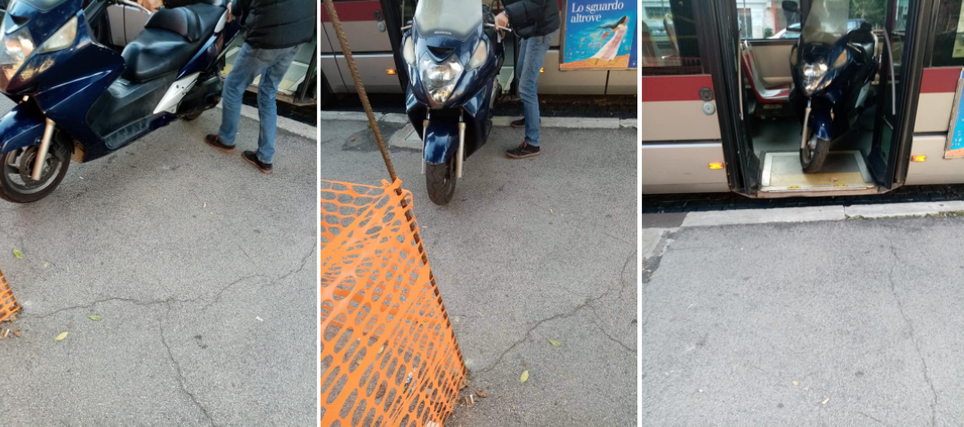Roma, l'autista fa scendere i passeggeri e carica il suo scooter