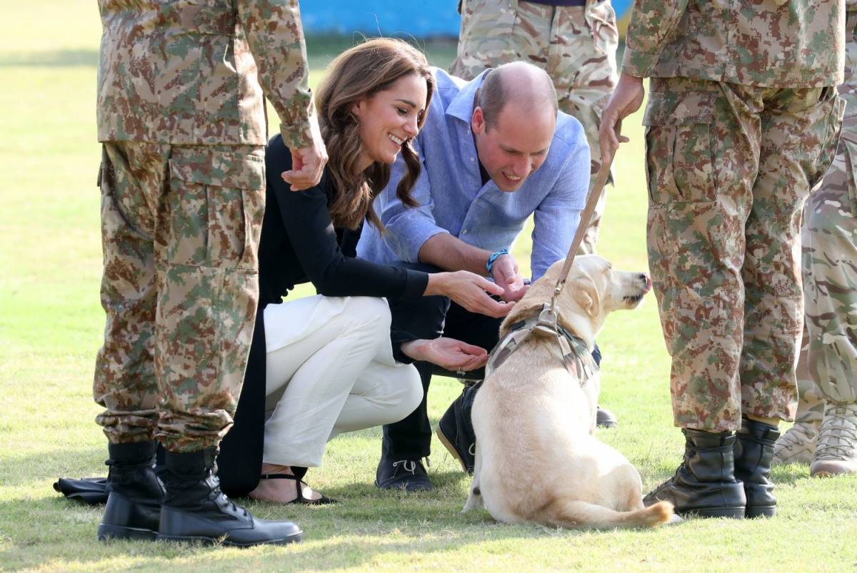 William e Kate fanno il pieno di coccole con i cani anti-mine dell'Army Center pakistano