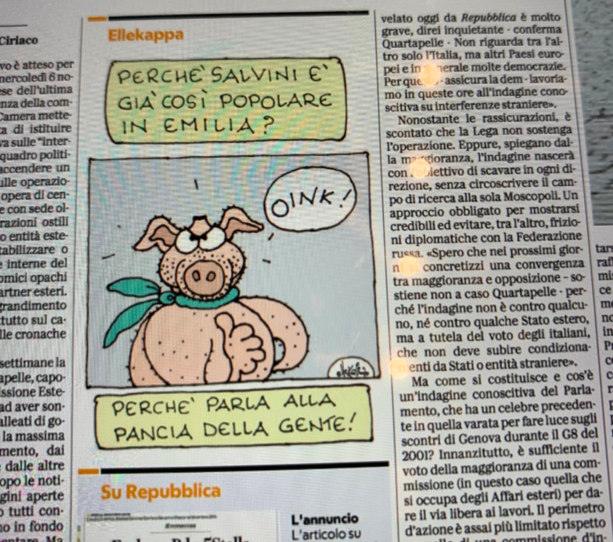 La vignetta choc di Ellekappa: Salvini e leghisti come dei maiali