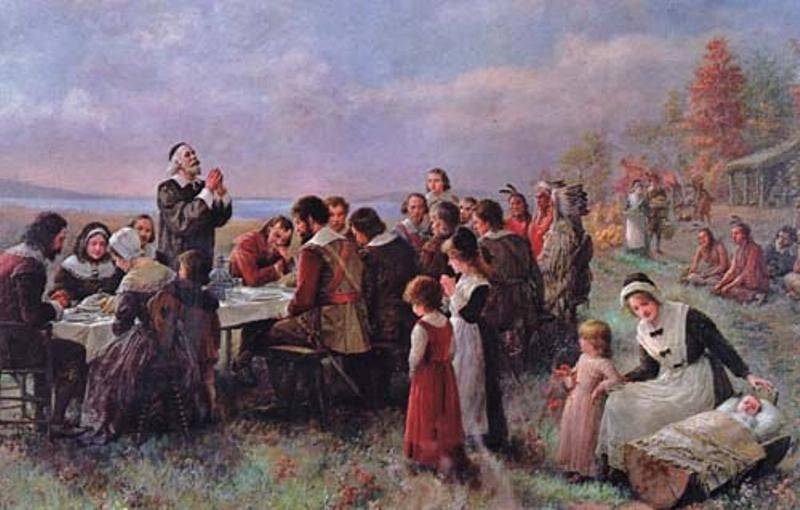 The First Thanksgiving at Plymouth di Jeannie Augusta Brownscombe