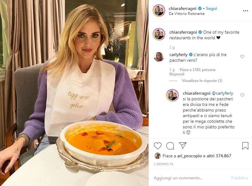 Chiara Ferragni spende 40 euro per un piatto di pasta