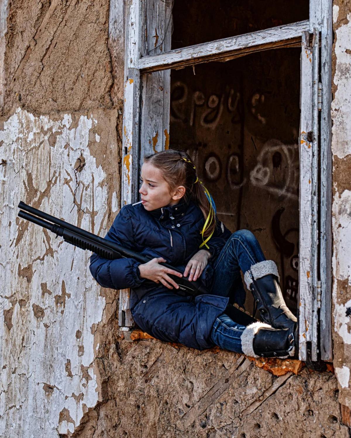 La bambina con il fucile e il lecca lecca. La foto-simbolo (posata) infiamma il web