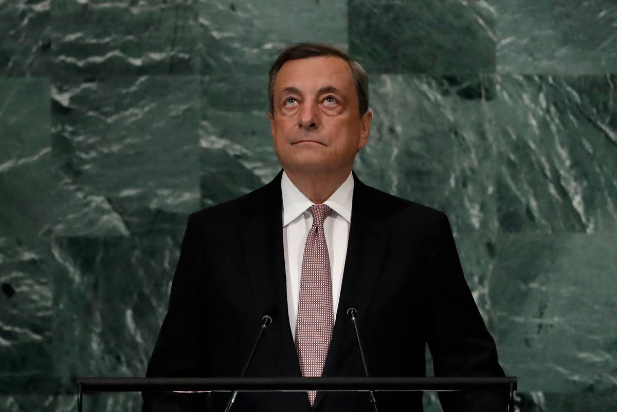 Il premier Mario Draghi durante il suo discorso all'Onu
