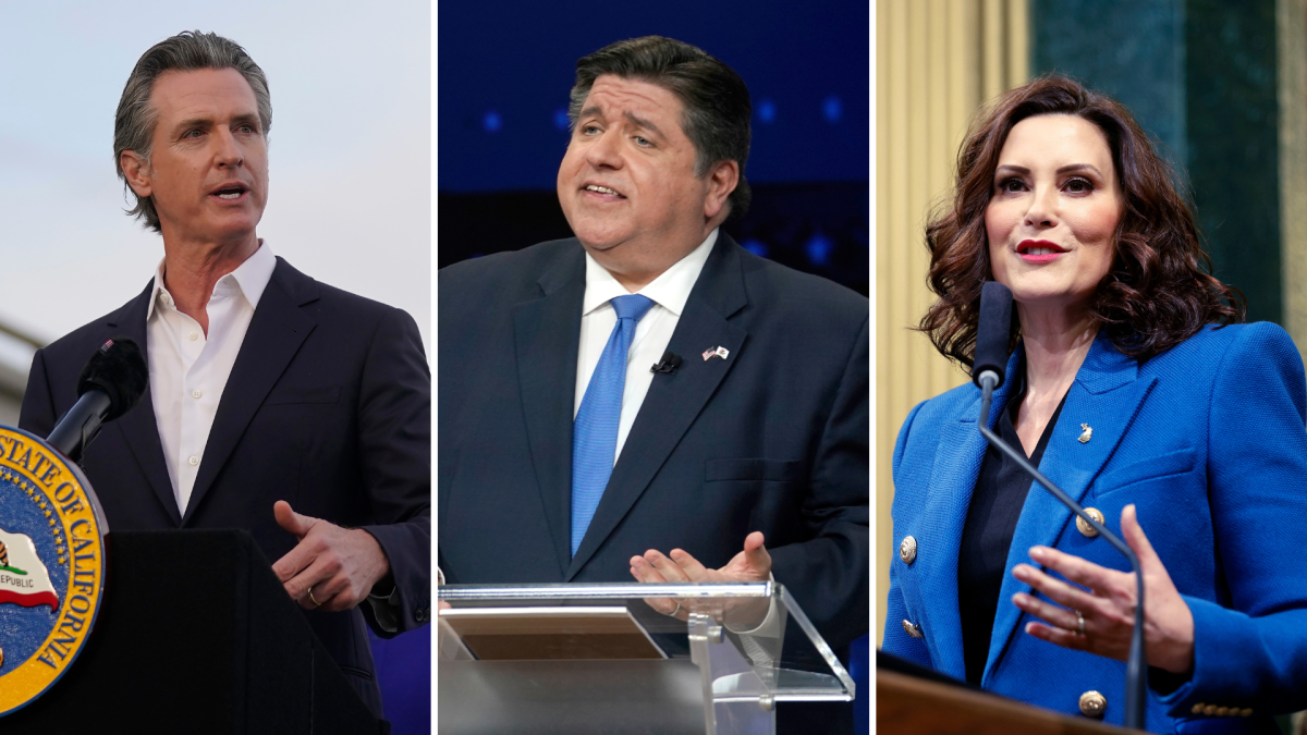 Da sx: Gavin Newsom (gov. California), Jay Robert Pritzker (gov. Illinois), Gretchen Whitmer (gov. Michigan)