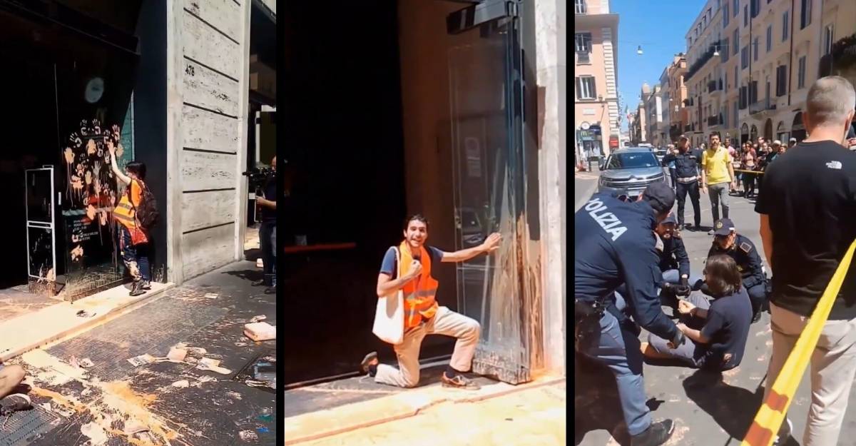 Vernice sulle vetrine e mani incollate alle porte. Il blitz degli ecovandali a Roma