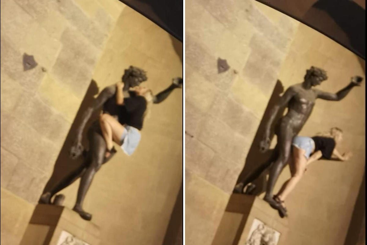 Si arrampica su una statua a Firenze e mima atti sessuali: le foto della turista diventano virali