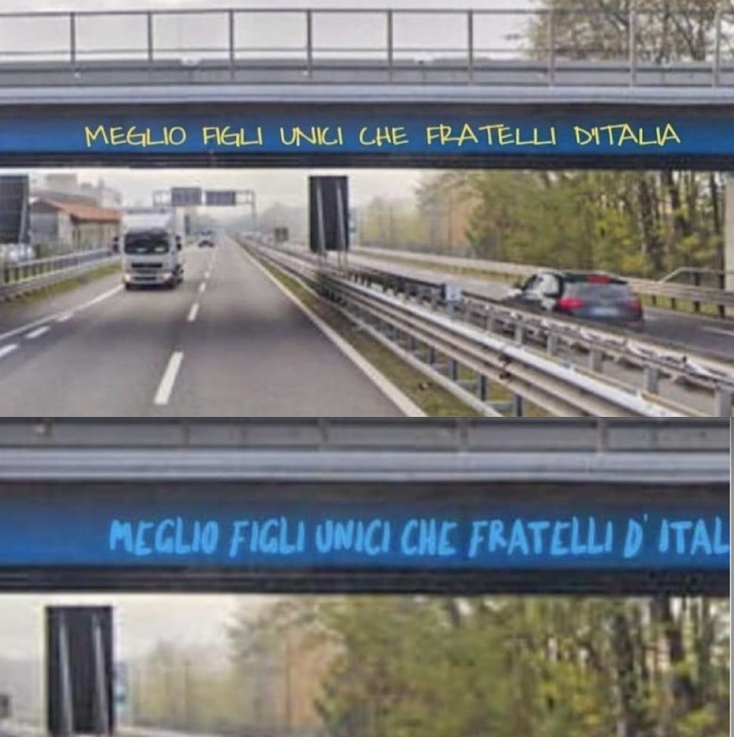 In alto la scritta realizzata con Photoshop riportata come vera dalla senatrice PD Zampa. Sotto lo stesso ponte con una scritta, sempre realizzata da photoshop, di colore e font diverso 