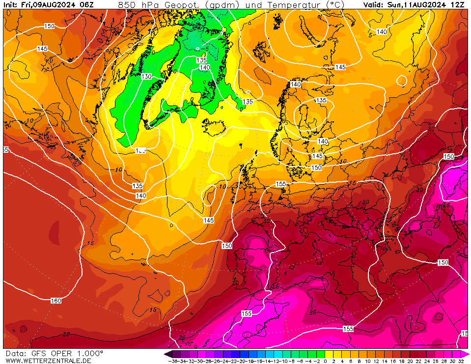 Temperature a 1500 metri previste per domenica 11 ore 12 - modello Gfs