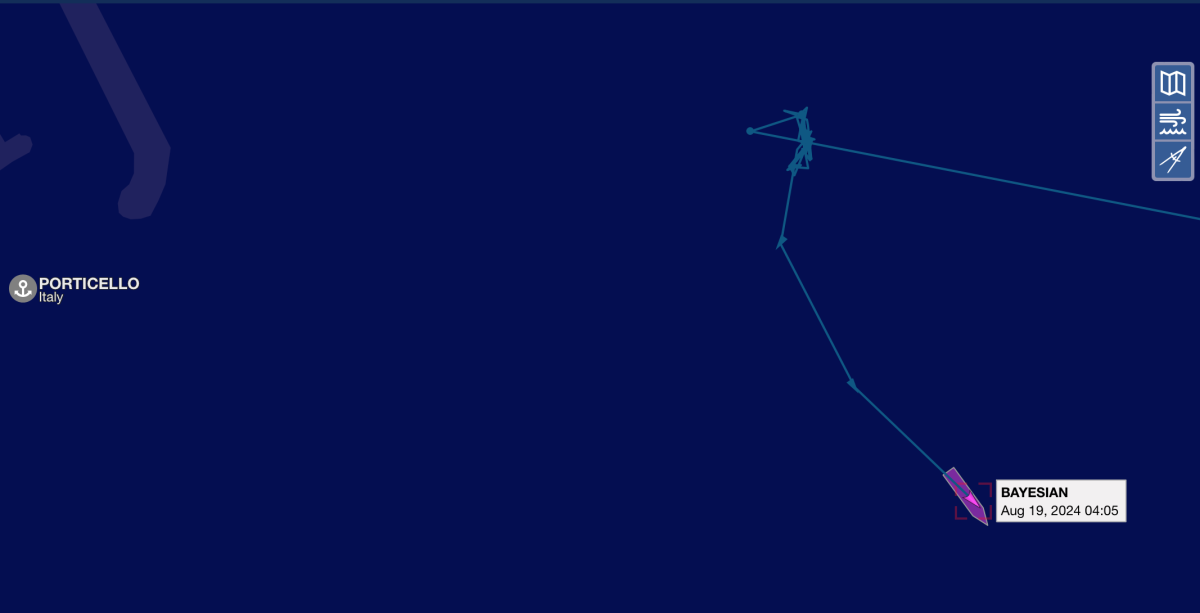 Tracciato Ais Bayesian prima dell'affondamento. In alto lo "scarabocchio" dello scarrocciamento - Vessel Finder