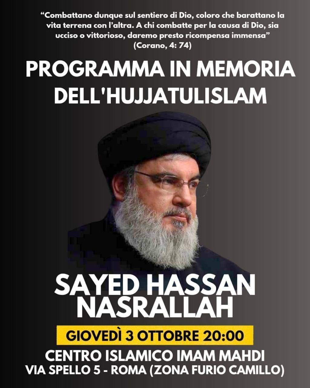 Il centro islamico di Roma conferma l'omaggio a Nasrallah: "Leader rispettato e di alto livello"