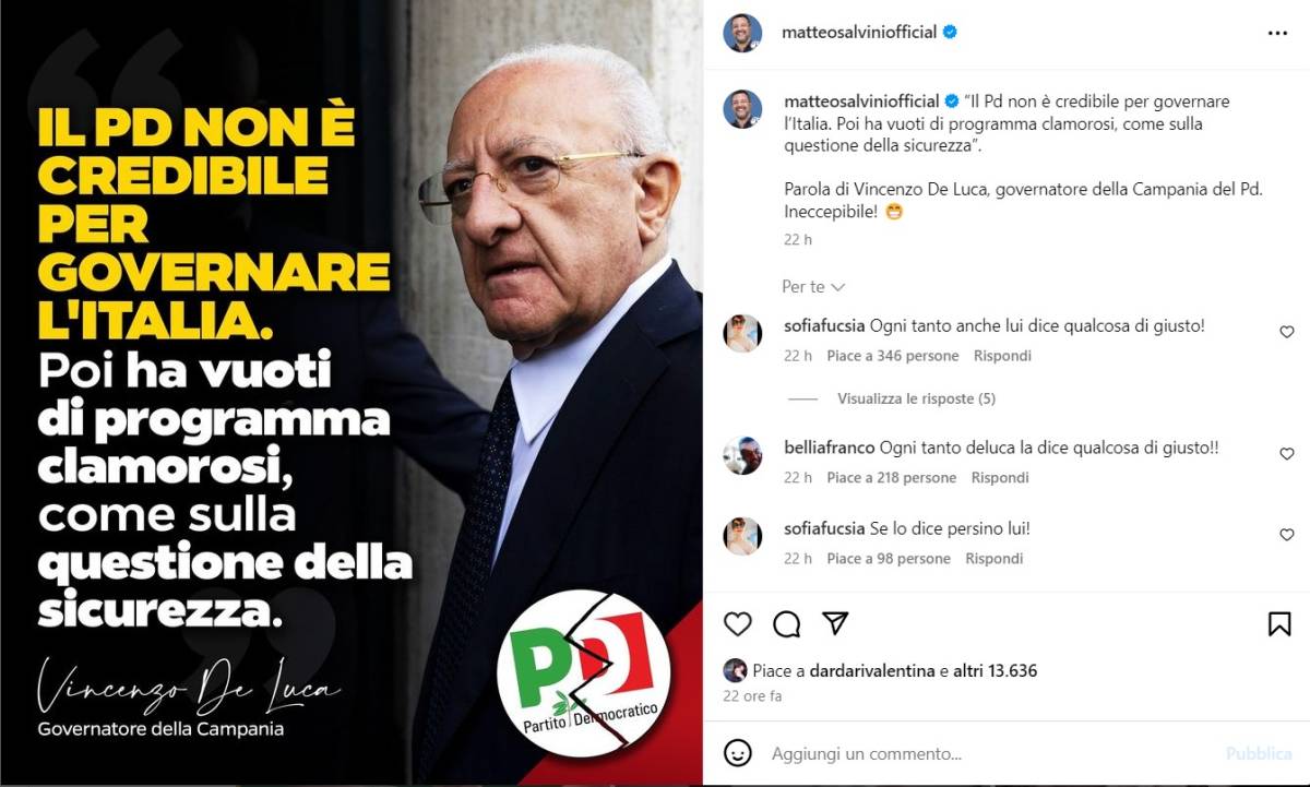 De Luca: "Il Pd non è credibile". E Salvini gli dà ragione