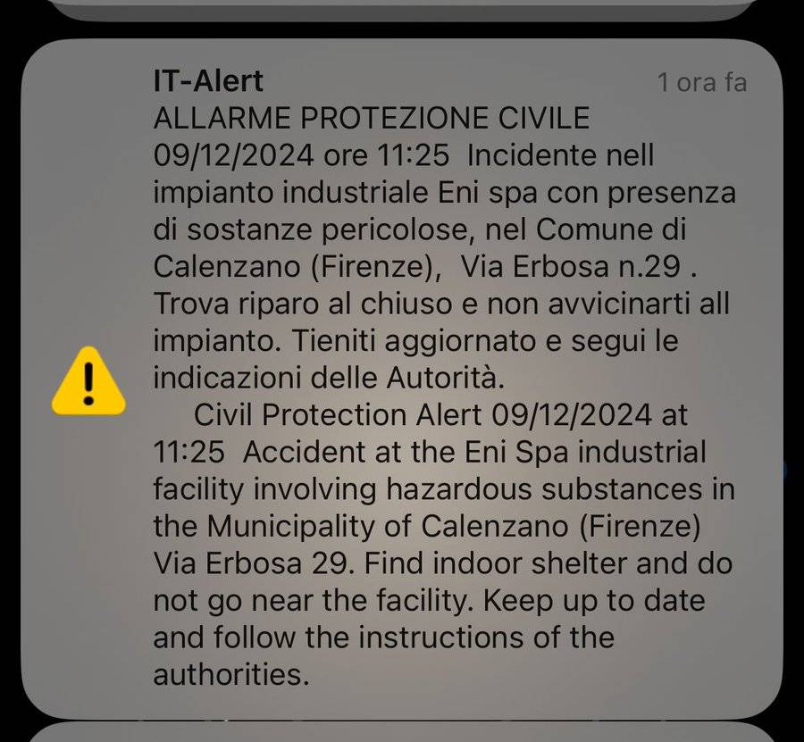 Esplosione Calenzano, IT-alert in azione per la prima volta: com'è andato il primo test reale