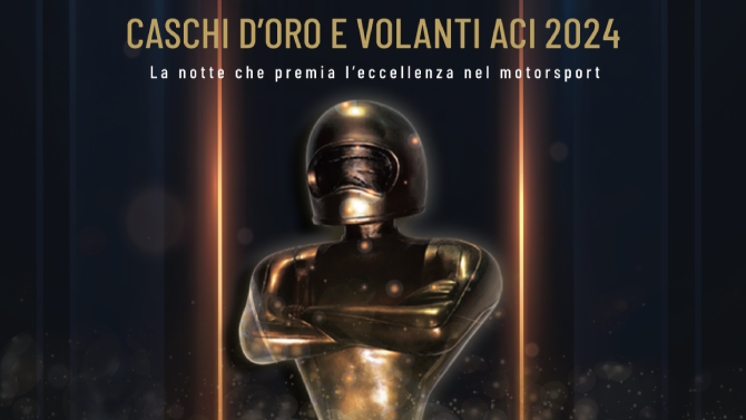 La locandina della nuova edizione dei Caschi d'Oro e Volanti Aci 2024 che si terrà il 19 dicembre nella sala del Museo Checco Costa all’interno dell’Autodromo Enzo e Dino Ferrari a Imola