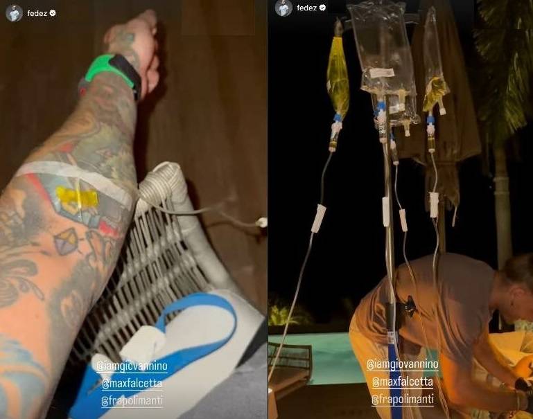 Fedez con la flebo al braccio a Capodanno: il rapper rispolvera il vecchio trend del vitamin drip