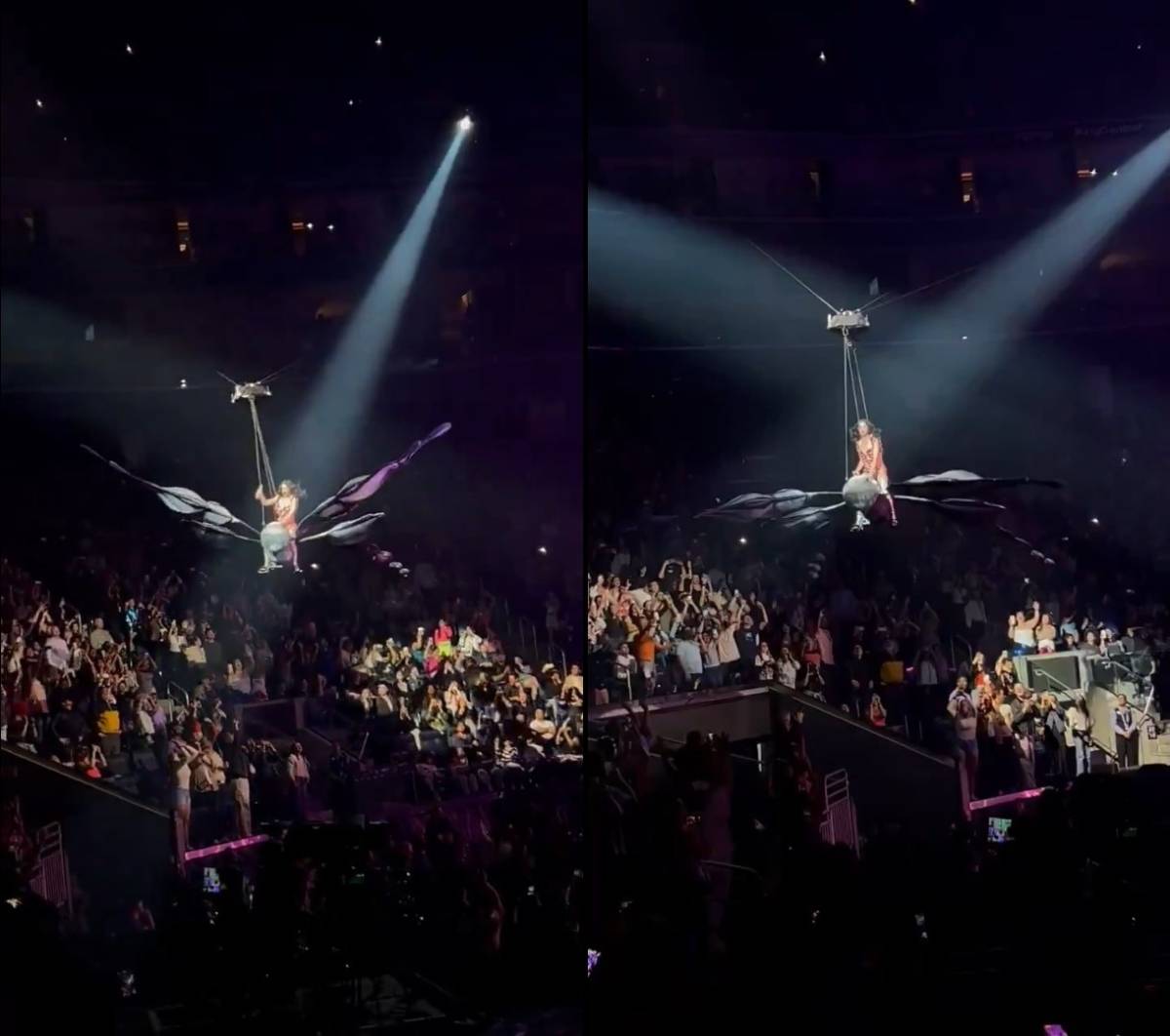 Paura per Katy Perry durante un concerto: la farfalla gigante si sgancia e la cantante rischia di precipitare