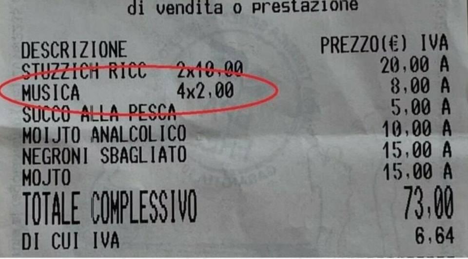 Scontrino choc in un locale di Ostuni: due euro in più a testa per la musica