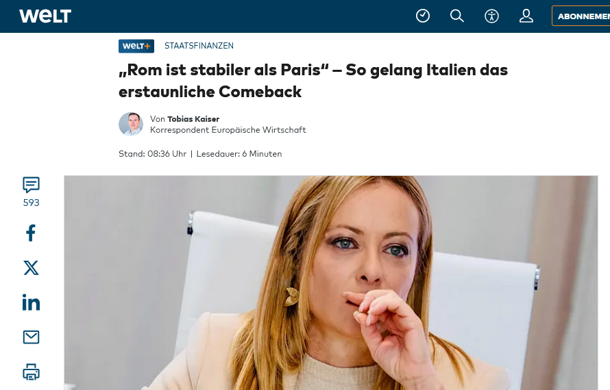 "Italia più stabile di Parigi". Anche Die Welt promuove Meloni