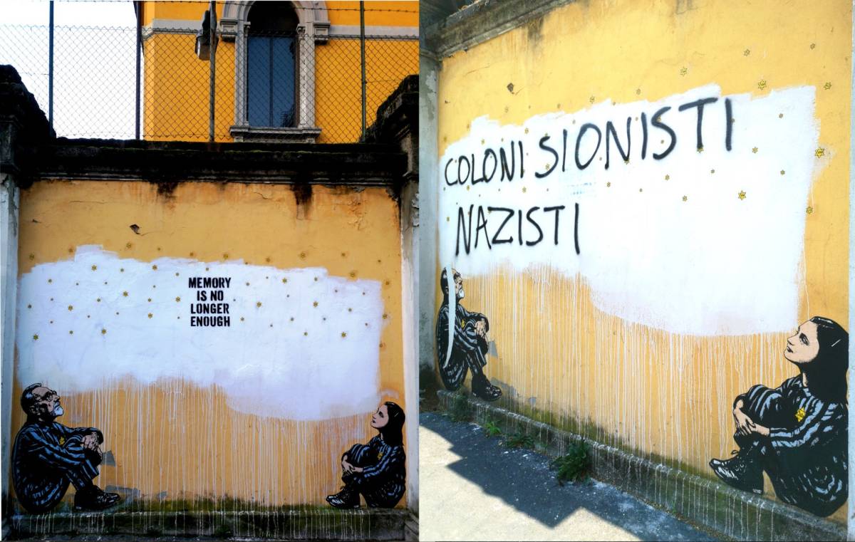 Gli estremisti sfregiano anche la Shoah, imbrattato il murale della memoria a Milano: “Coloni sionisti nazisti”