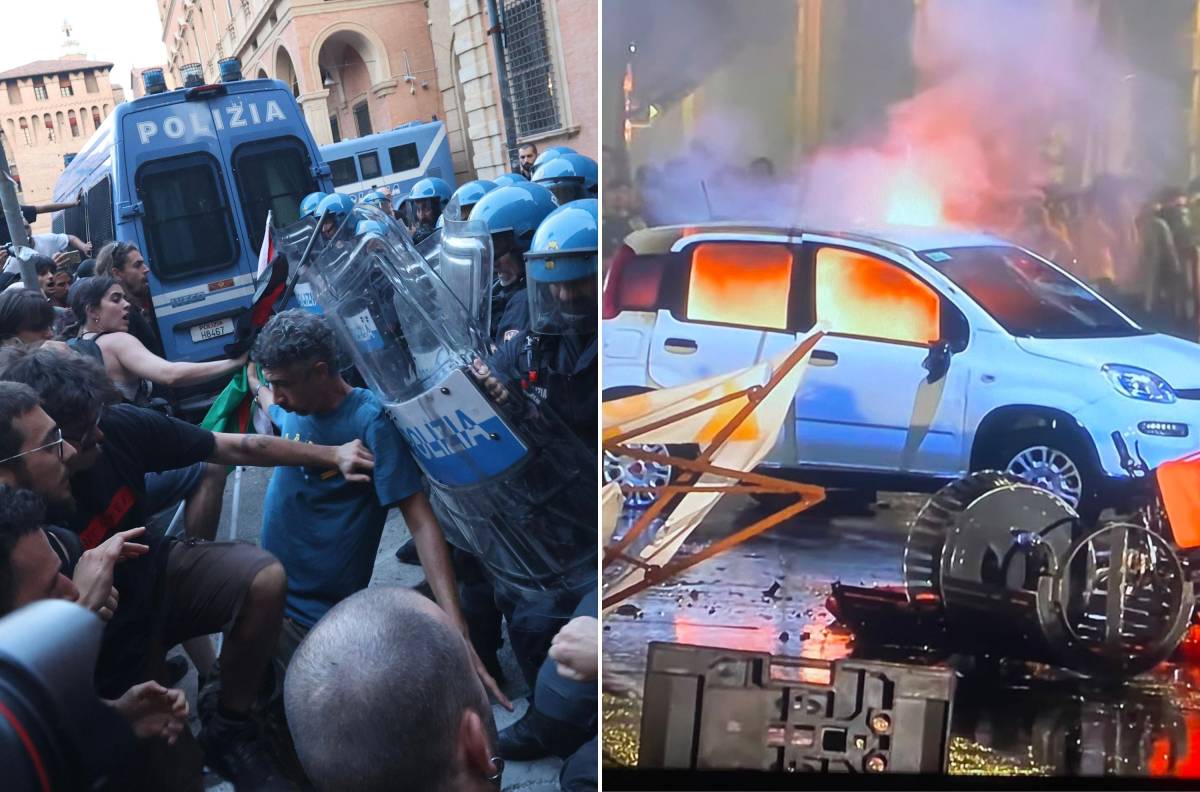 Collage degli scontri a Bologna tra manifestanti e polizia e di un’automobile in fiamme